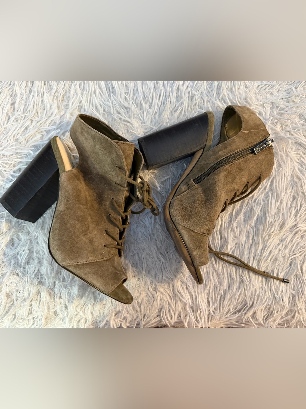 Jessica Simpson Suede Lace-Up Peep Toe Ankle Boots - Taupe Size 5.5